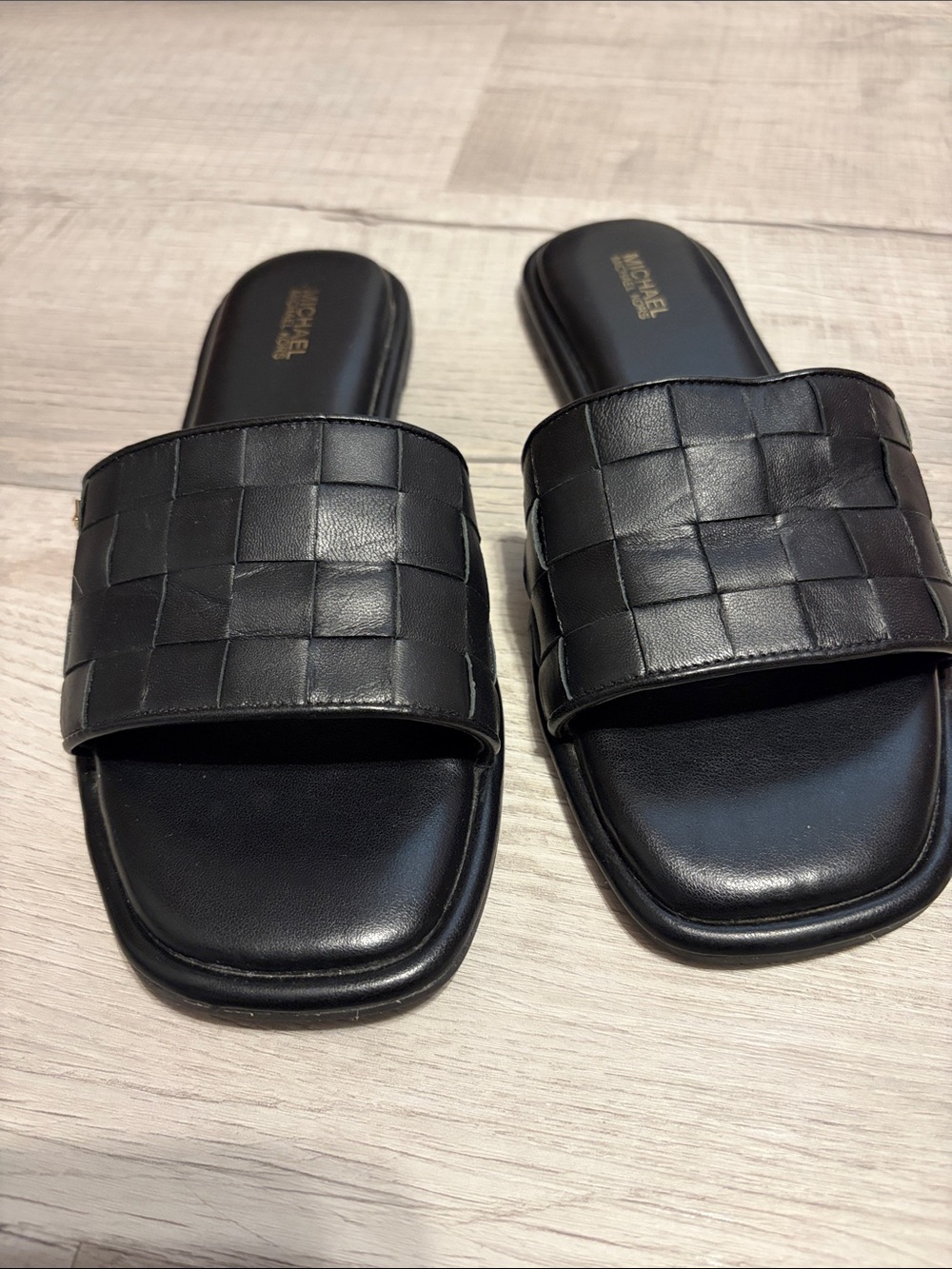 Michael Kors Black Woven Leather Slide Sandals
